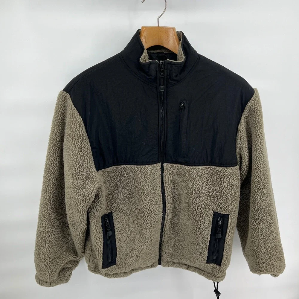 GAP Reversible Sherpa Fleece Jacket Men's L Tan Black Nylon Full Zip Outdoor Y2K